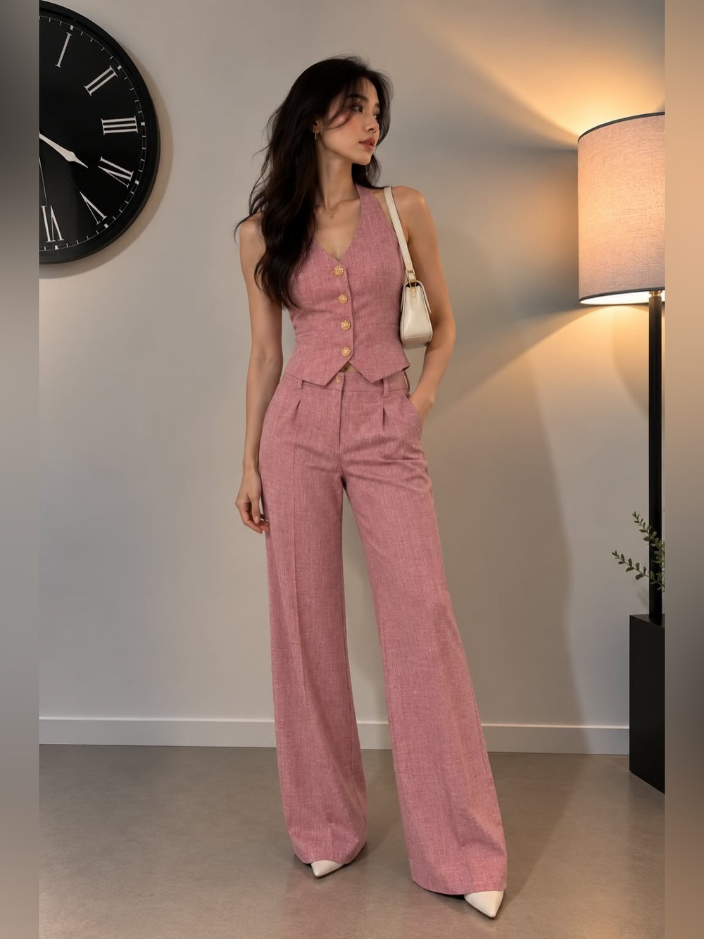 Commense Pink Wide-Leg Tailored Trousers and Vest Top